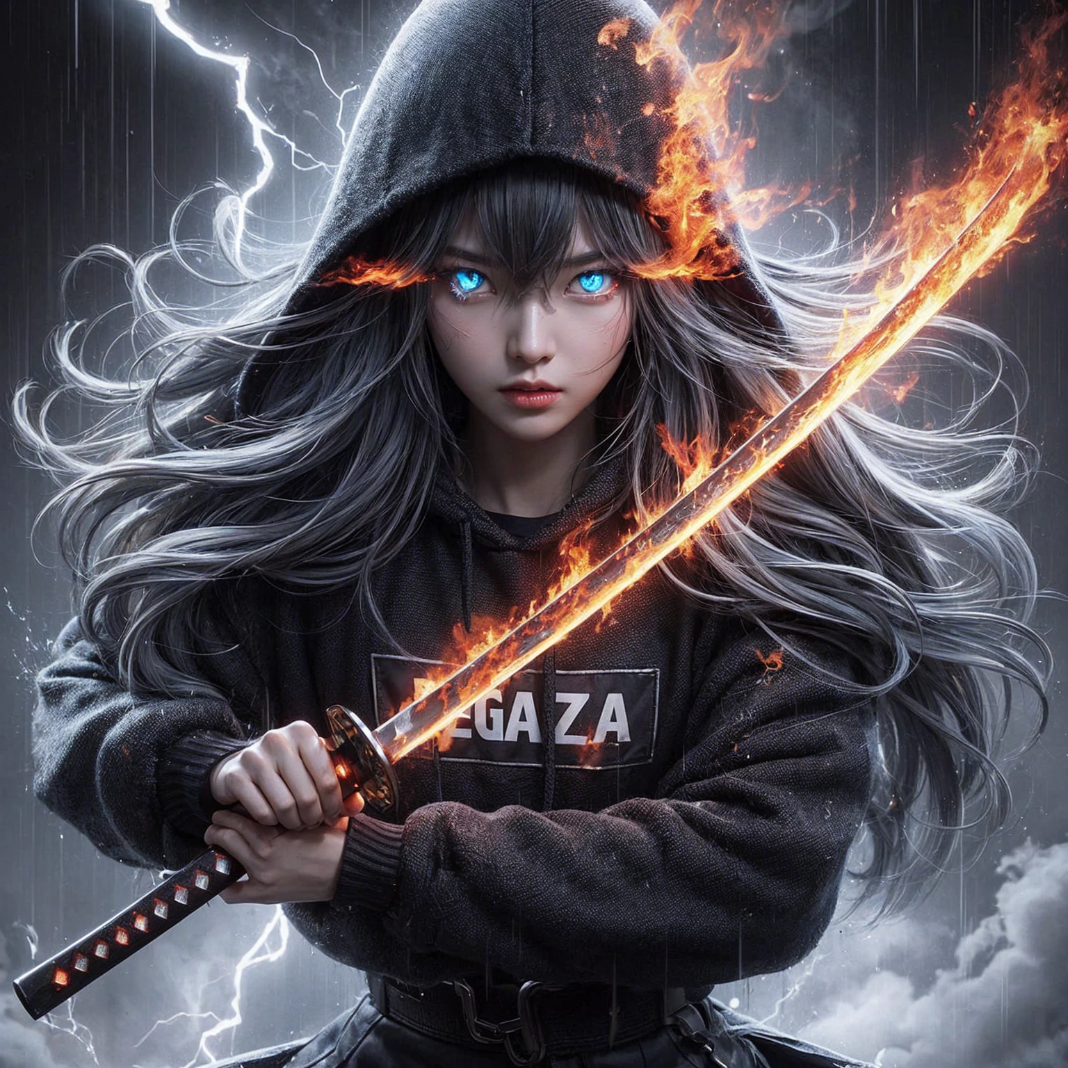 A 3D metallic white smoke ghost of a beautiful Korean woman with blue eyes surrounded by flames and long black hair streaked with gray. She is wearing a black hoodie with "Regaza" written on it, appearing to float with an angry expression, and dressed in black pants. She wields glowing red katanas in both hands. The background shows a bold gray room with lightning flashes. Detailed, UHD, realistic, 8K quality.