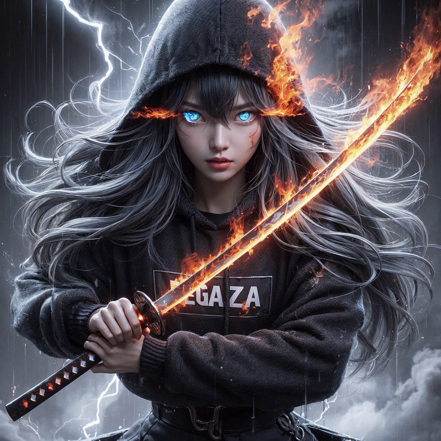 A 3D metallic white smoke ghost of a beautiful Korean woman with blue eyes surrounded by flames and long black hair streaked with gray. She is wearing a black hoodie with "Regaza" written on it, appearing to float with an angry expression, and dressed in black pants. She wields glowing red katanas in both hands. The background shows a bold gray room with lightning flashes. Detailed, UHD, realistic, 8K quality.
