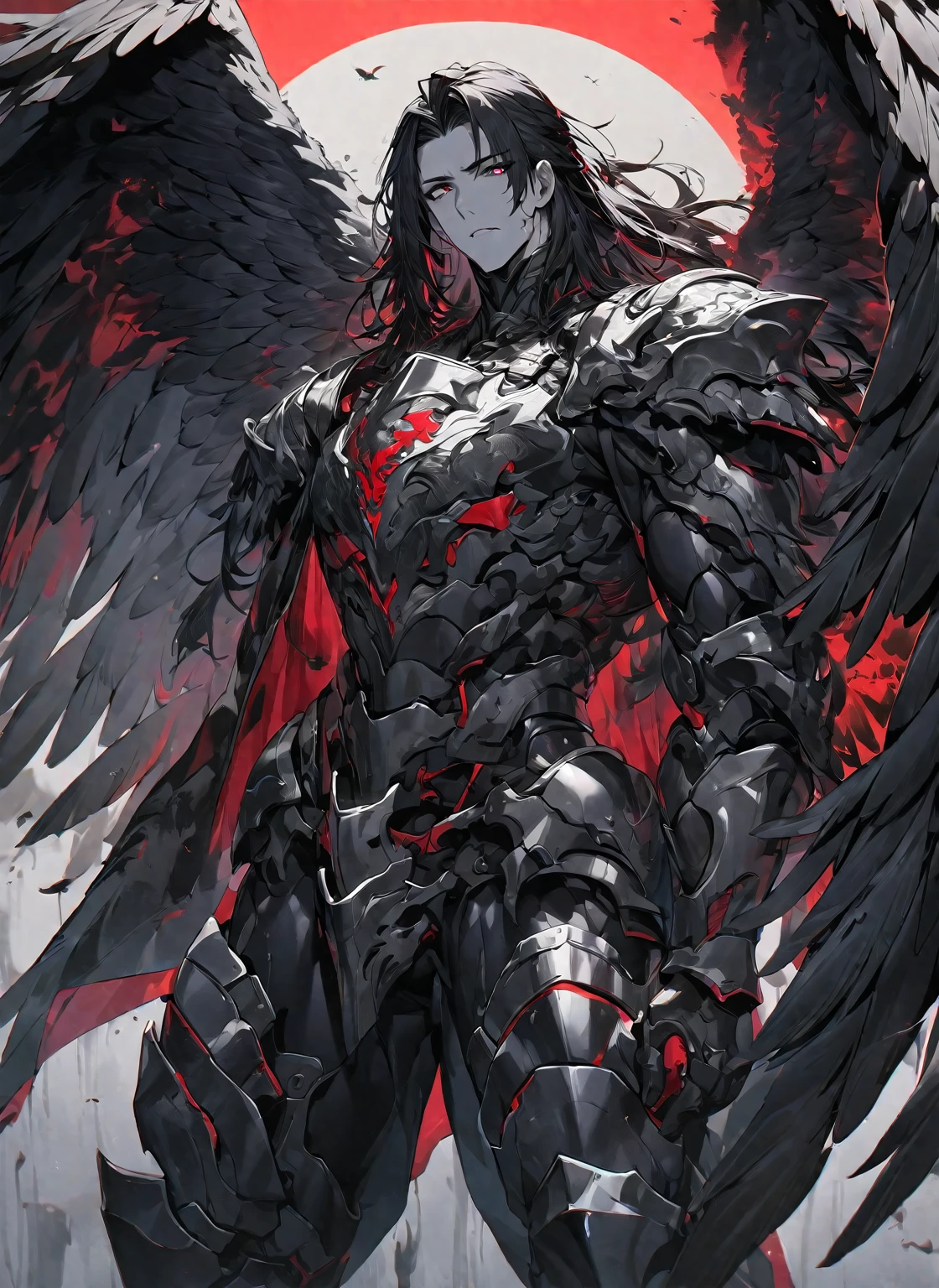 Best quality, One, beautiful, 1 man, tall man, with a sporty body, V-shaped body, wide shoulders, black detailed armor with bright white details, 11 black feathered wings, long hair, Black hair covered with dirt and Charcoals, neon white pupils (white eyes), against the background Black miasma with shades of red