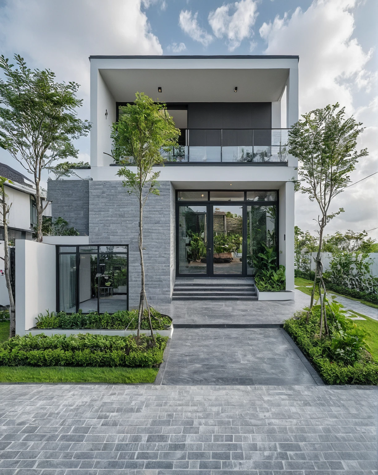 Raw photo, masterpiece, high quality, best quality, realistic, super detailed, outdoor, 2-storey house, modern townhouse style, (white wall), curved wall facade, aluminum interior door glass, curved planter, gray tiled accent wall, gray iron box exterior gate, road, sidewalk, grass, trees, sky, clouds, (daylight):1.1)