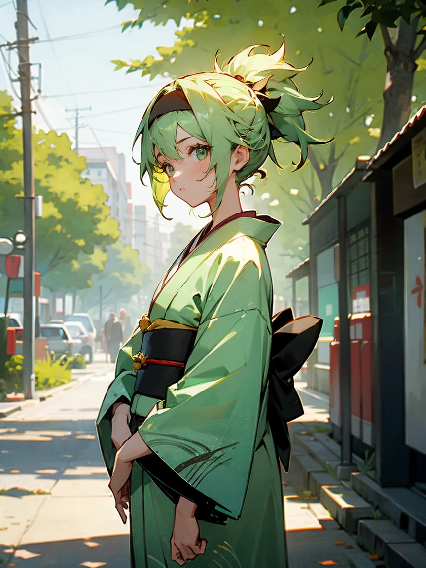 1female, light green hair, messy hair, headband, kimono, street, trees, day