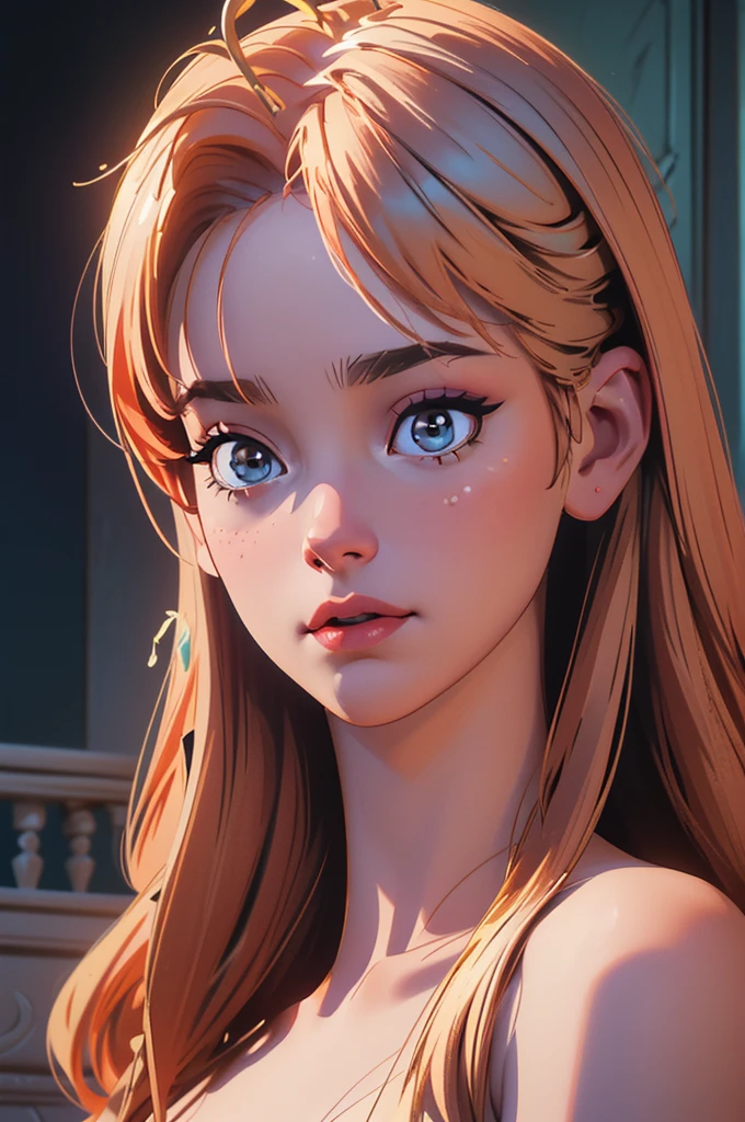 nat, 1girl, (flat chest), (((very small breasts))), ass:1.3, brown eyes,  blonde hair, long hair, lips, bang, blush, naked, she is showing her vagina, depth of field, bokeh, (special attention to skin detail: 1.2), masterpiece, best quality, ultra-detailed, ultra-HD, photorealistic, cinematic, ((close-up camera shot)), sensual pose, alluring, legs open:1.4, looking up at camera, closeup on her face, her cheeks are blushed, she is biting her lip, she is on her knees, blowjob:1.4, high angle:1.5