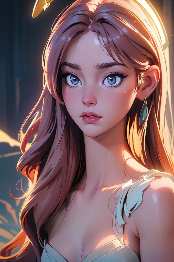 ((best quality)), ((realistic,digital art)), (hyper detailed) a beautiful young woman with halo of light, semi-nude, intricate detailed face, delicate facial features, porcelain skin, ethereal, serene expression, elegant pose, graceful, divine, shimmering light effects, cinematic lighting, chiaroscuro, dramatic shadows, muted color palette, romantic, dreamlike, mystical
