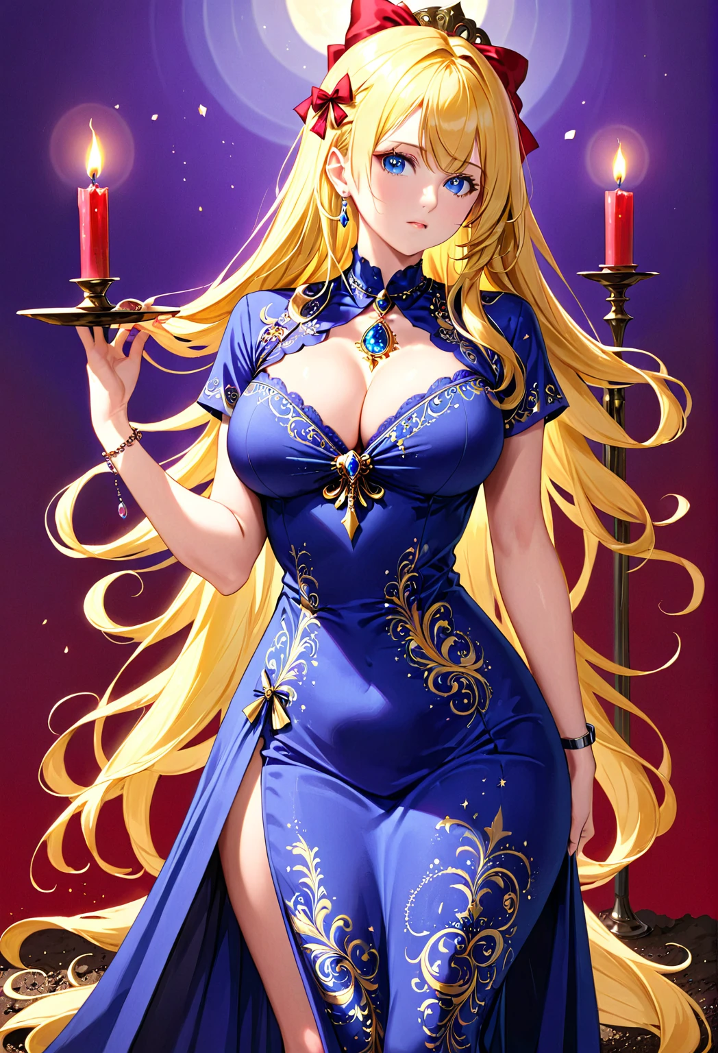 (( straight face picture )) ((best quality)), ((Masterpiece)), (details), Young woman , yellow hair , Dirt. , blue eyes ,Blue purple set, gold pattern , Magician , long hair, Tie your hair, red bow, The dress is very beautiful. ,long dress ,big breasts ,Big butt ,red background ,curtain ,candle,holding a watch necklace