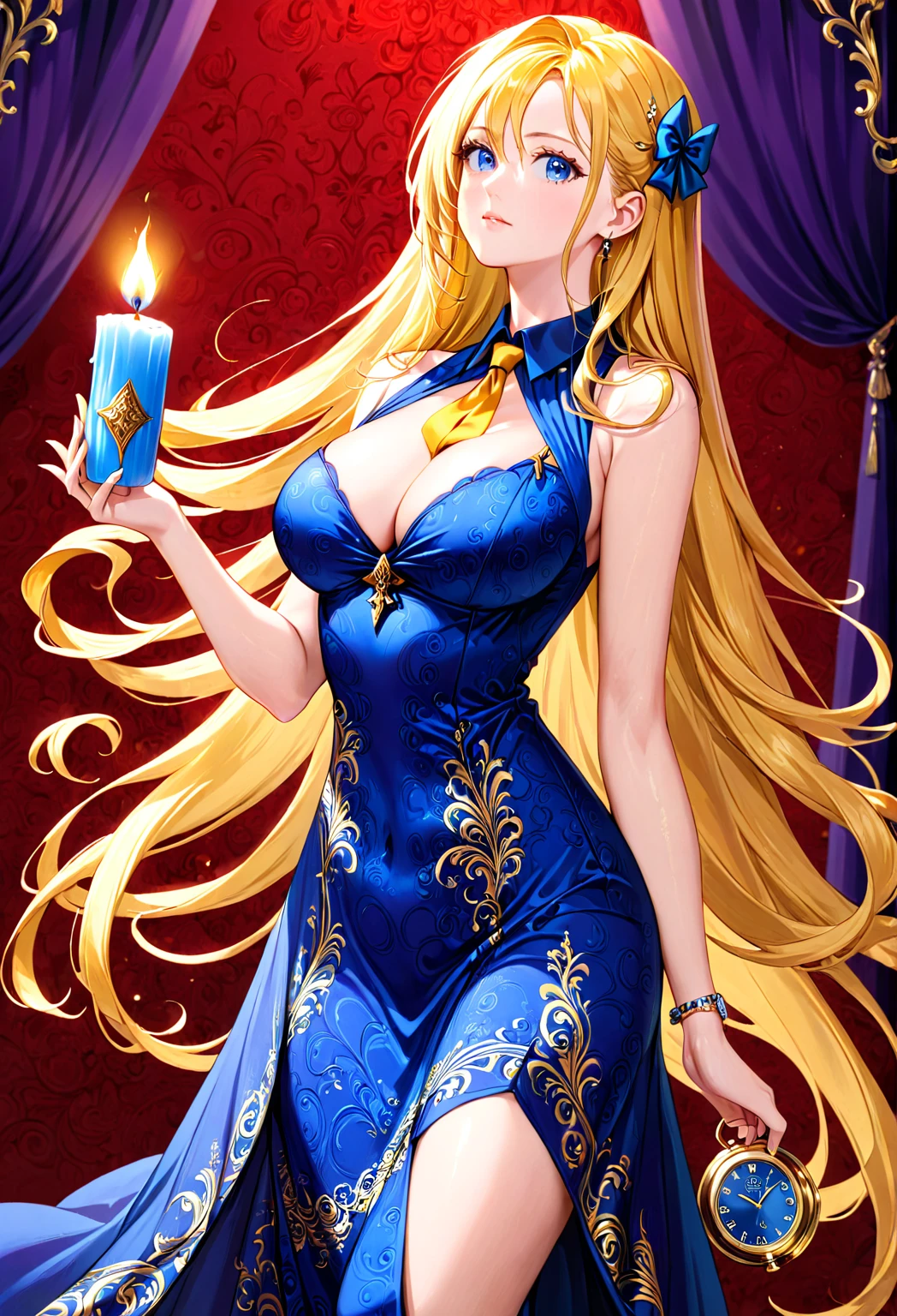 (( straight face picture )) ((best quality)), ((Masterpiece)), (details), Young woman , yellow hair , Dirt. , blue eyes ,Blue purple set, gold pattern , Magician , long hair, Tie your hair, red bow, The dress is very beautiful. ,long dress ,big breasts ,Big butt ,red background ,curtain ,candle,holding a watch necklace