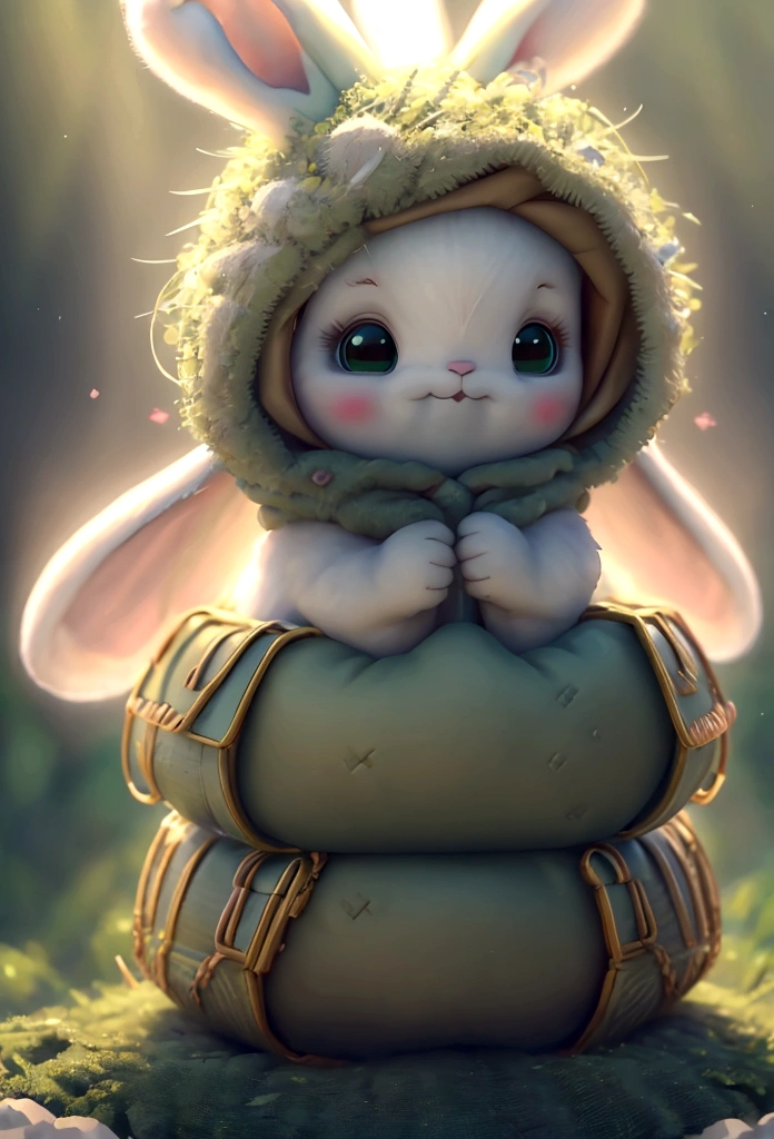 Highest quality, masterpiece, Ultra-high resolution, Fluffy fur overall, Bunny-like ears, tail, limbs are short, Anime Style, The hair tips are light green, Small enough to sit on an adult's shoulders, Sunlight filtering through the trees, Fantasy, in the forest, on the stump, Are standing, looking at the camera