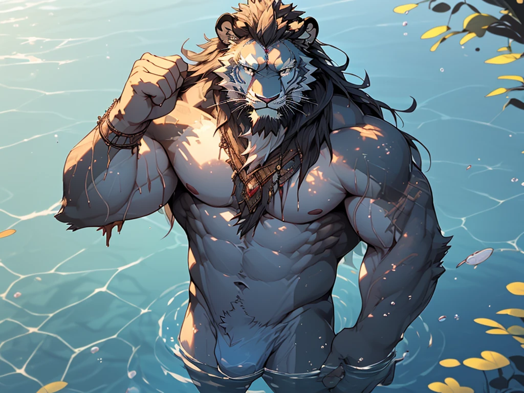 (masterpiece),(highres),(intricate details:1.4),extremely detailed,(illustration:1.2),8k,photorealistic,exquisite,(underwater),(sinking into the depths of a lake:1.6),aged,elder male lion ,muscular,(warrior :1.7),(being killed by enemies:1.9),manhood,long hair,long white beard,scar,(badly damaged),(sacrifice),hurt,broken body ,(bulging crotch:1.8),(homosexual),(naked upper body:1.7),(a serene face:1.9)