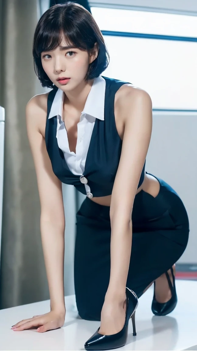 (ultra high definition, 8k, masterpiece :1.3) korean, red lips, smile, short hair, black hair, (Giant: 1.3), korean flight attendant uniform, aircraft cabin, Karina, exposing tattoos
