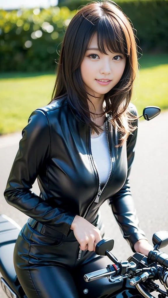 Close-up of a cute Japanese girl riding a motorcycle,Wearing colorful leather jumpsuits、
