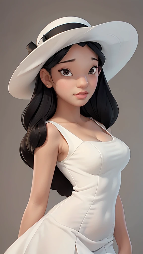 (best quality, masterpiece, perfect face) black hair, 18 years old pale girl, big bust, white sundress, big white hat