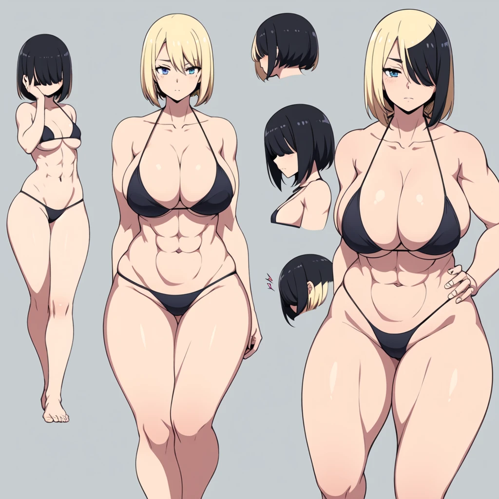 1 girl, anime style, linear, black and white, doing squats, ((bikini)), muscular, defined abdomen, beautiful thighs, large thighs, wide thighs, bangs covering eyes, sprite sheet, moviment, empt hands, muscular