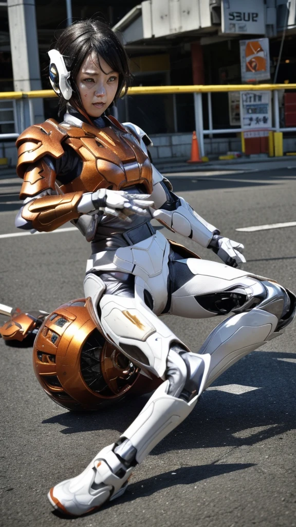 Textured skin, Very detailed, Attention to detail, high quality, 最high quality, High resolution, 1080P, hard disk, beautiful,(bare hands),beautiful cyborg middle aged woman,Mecha Cyborg Girl,(Damaged Armor)((Major damage)),Woman with a mechanical body、She is wearing a futuristic combat weapon mecha,Full Body Shot、Soot on the face、bitter々Shii Expression、it hurts、Excessive sweat on the face、cute、Boyish short hair、Lying on the ground、(Very cracked outfit)(Smoke from the whole body)、appear、Black Hair、My whole body was injured.、Smoke comes from the whole body、Spread your legs、Collapse(Headgear split in half)、(fall face down on the ground) (Debris scattered everywhere) Character Focus
