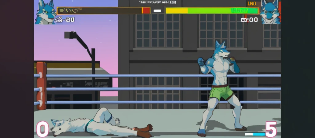 highres, absurdres(highly detailed beautiful face and eyes)perfect ???????(kemono, furry anthro)(super handsome 2boys, pair)good lighting, cinematic shadow, detailed background, User Interface of Fighting game, dots game, pixel art, dungeon, Crisis, assorted poses, assorted expression, full body, sound effects, motion blur, from side, ((blue wolf, reddish-brown fur, gray shorts, knocked out on the floor)), (((blue wolf, green shorts, fighting pose ))) “VS”
