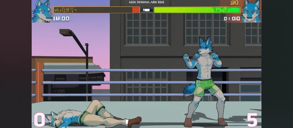 highres, absurdres(highly detailed beautiful face and eyes)perfect anatomy(kemono, furry anthro)(super handsome 2boys, pair)good lighting, cinematic shadow, detailed background, User Interface of Fighting game, dots game, pixel art, dungeon, Crisis, assorted poses, assorted expression, full body, sound effects, motion blur, from side, ((blue wolf, reddish-brown fur, gray shorts, knocked out on the floor)), (((blue wolf, green shorts, fighting pose ))) “VS”
