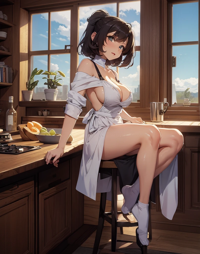 best qualityer, work of art, ultra high resolution, A woman is in the kitchen sitting on the counter, the woman looks like a milf and has large, full breasts, she is sexy and wears an apron, the setting is a well-lit kitchen, in the home kitchen, (Perfect Woman), perfect antomy, detailed face