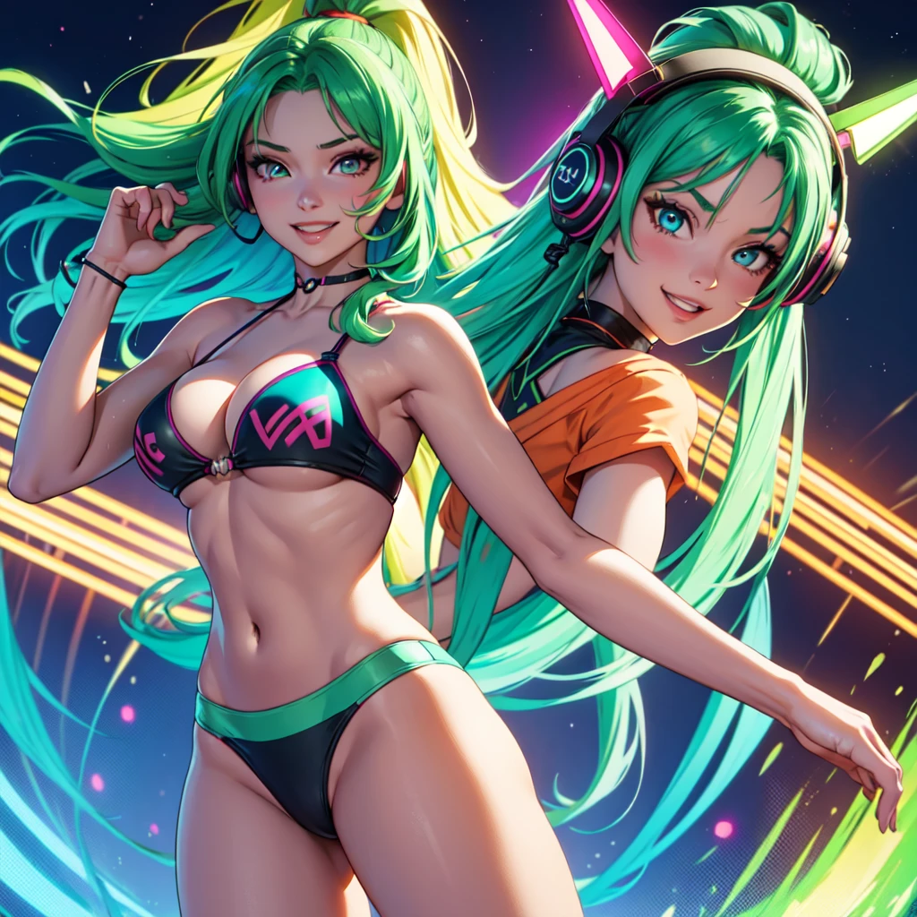 anime girl, 2 piece neon blue bikini, headphones,night beach party,dancing,smiling,(best quality:1.2),(ultra-detailed:1.2),(realistic:1.37),HDR,vivid colors,portraits,headphone girl,energetic pose,colorful lights,joyful expression ,anime style, atmosphere,techno music,electronic dance music,beach festival vibes,hip hop beats,festival outfit,expressive eyes,long hairstyle with vibrant green and red color hair, gold eyes, elaborate makeup neon lights,beaming smile,positive vibes,high-energy performance,stylized backgrounds,colorful visuals,excitement in the air, mid body portrait, hands and knees