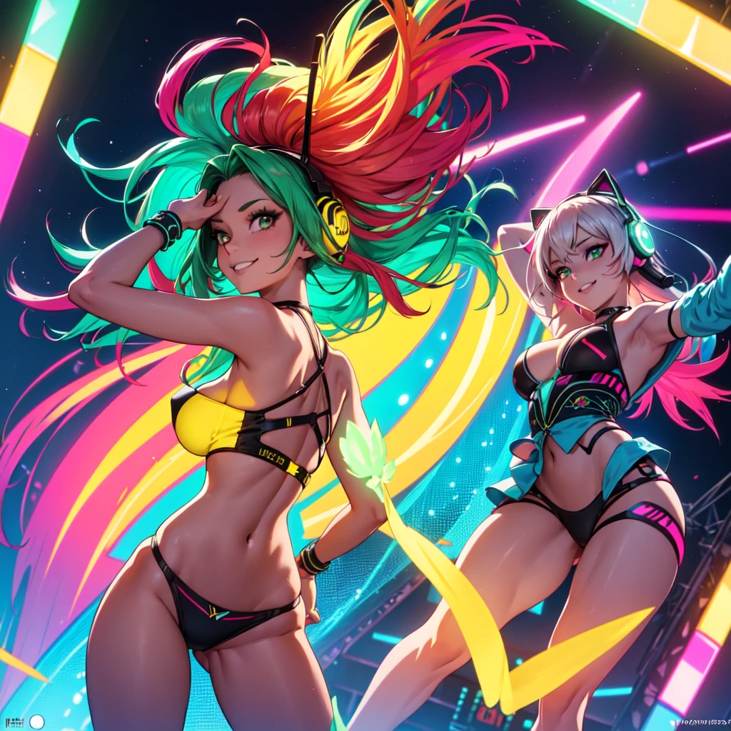 anime girl, 2 piece neon blue bikini, headphones,night beach party,dancing,smiling,(best quality:1.2),(ultra-detailed:1.2),(realistic:1.37),HDR,vivid colors,portraits,headphone girl,energetic pose,colorful lights,joyful expression ,anime style, atmosphere,techno music,electronic dance music,beach festival vibes,hip hop beats,festival outfit,expressive eyes,long hairstyle with vibrant green and red color hair, gold eyes, elaborate makeup neon lights,beaming smile,positive vibes,high-energy performance,stylized backgrounds,colorful visuals,excitement in the air, mid body portrait, hands and knees 