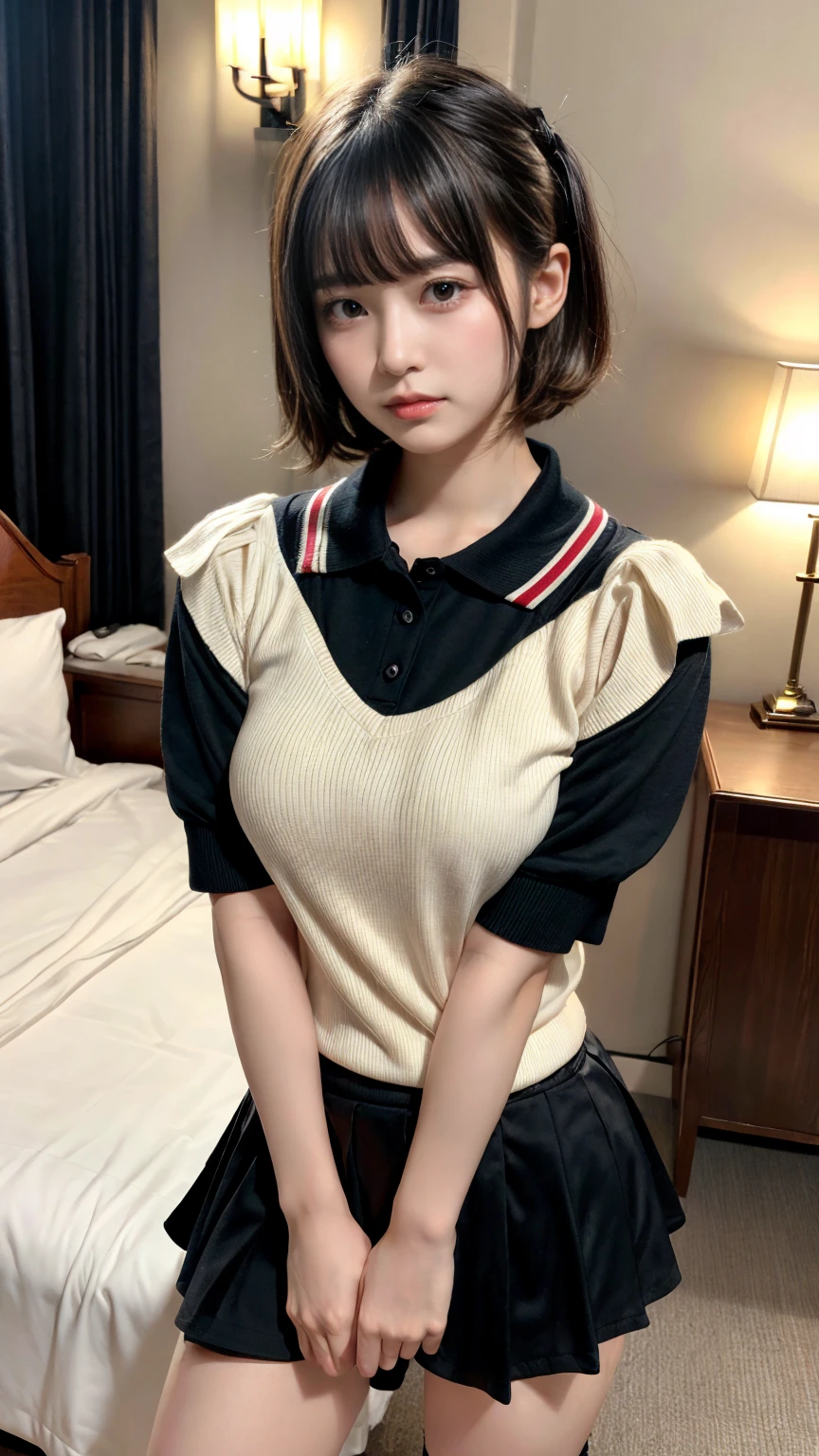 masterpiece, best quality, illustration, Super detailed, fine details, High resolution, 8K,wall paper, perfect dynamic composition,(Details High quality, realistic depiction of eyes:1.3), short hair, (wavy hair:1.2), (Polo shirt with collar), pleated skirt, Layered Cut, black hair color, Big Natural Color Lip, hotel room, crying a little、Harajuku style、20 year old girl、cute type、lolita, Gravure Idol, full body photo、focus on crotch, huge breasts