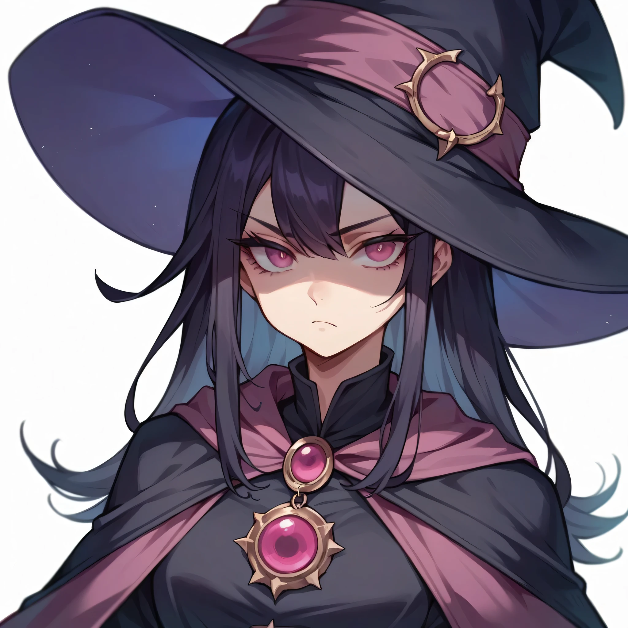 1girl, teenager, light skin, long black hair with magenta tones, magenta eyes, black witch clothing, witch hat, serious expression, anime style, digital art, white background