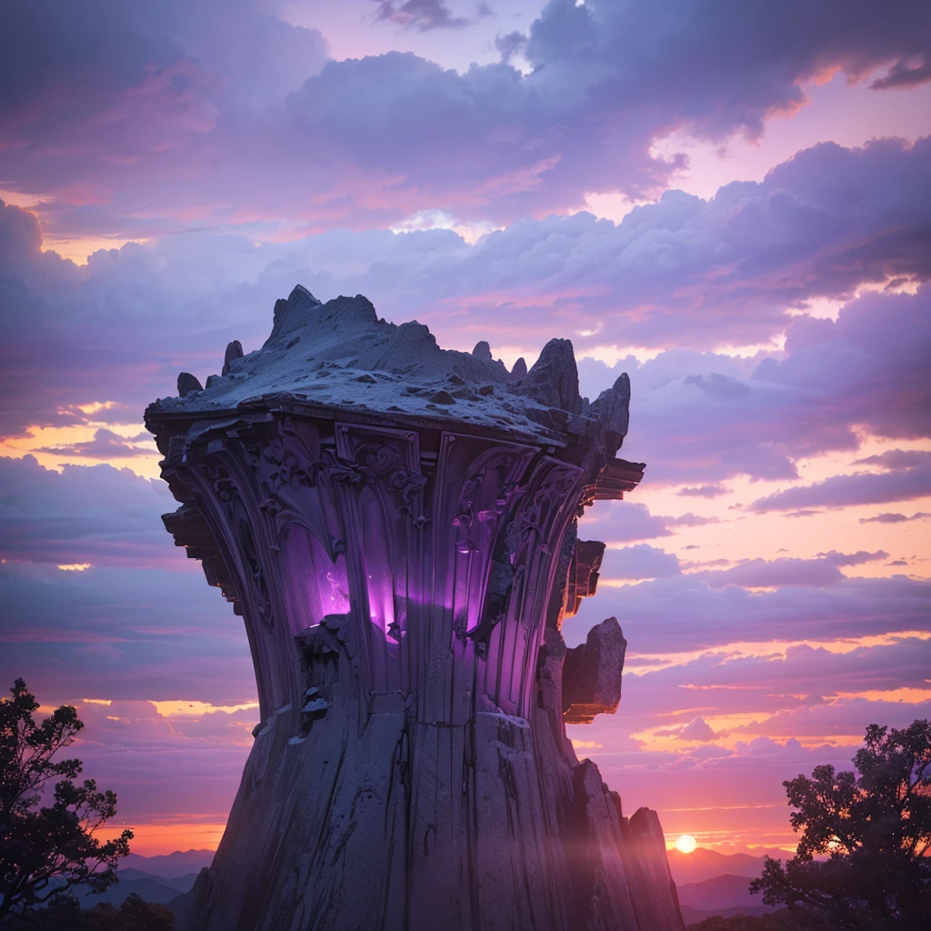 purple sunset sky, magical glowing clouds, mystical atmosphere, fantasy landscape, (best quality,4k,8k,highres,masterpiece:1.2),ultra-detailed,(realistic,photorealistic,photo-realistic:1.37),dramatic lighting, dramatic colors, cinematic composition, intricate details, vivid colors, ethereal, dreamlike, enchanting