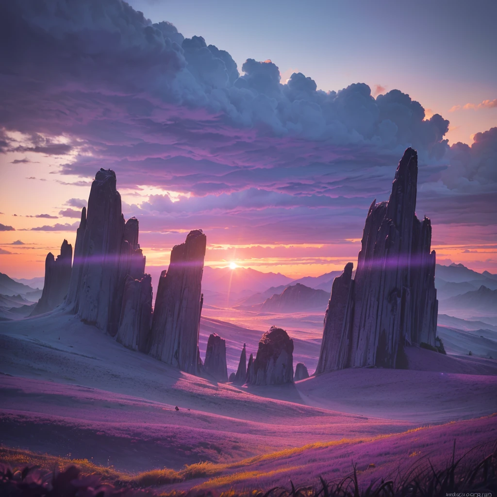 purple sunset sky, magical glowing clouds, mystical atmosphere, fantasy landscape, (best quality,4k,8k,highres,masterpiece:1.2),ultra-detailed,(realistic,photorealistic,photo-realistic:1.37),dramatic lighting, dramatic colors, cinematic composition, intricate details, vivid colors, ethereal, dreamlike, enchanting