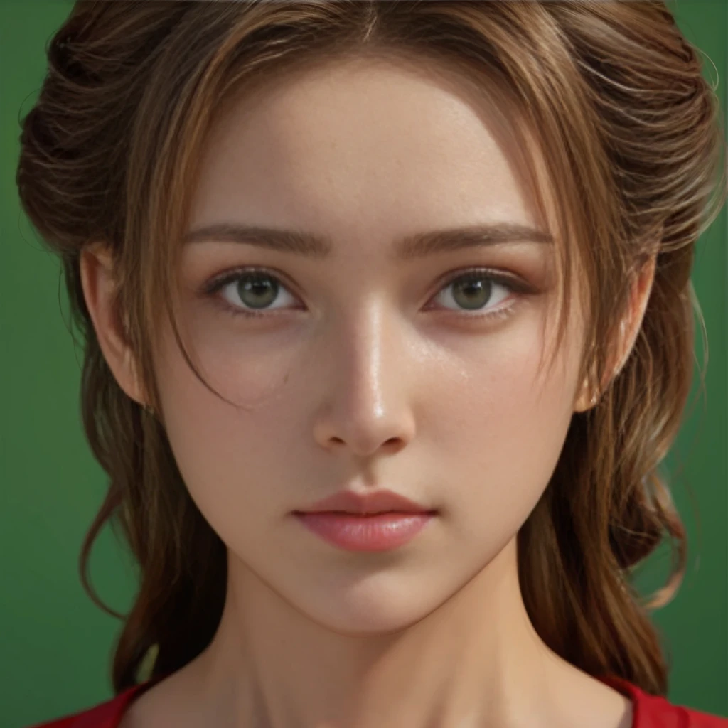 Aerith, green eyes, (best quality, ultra-detailed), (realistic:1.37), beautiful and detailed face, ultra-realistic texture, delicate face, delicate body, red lipstick, bright colors. High definition, 8K
