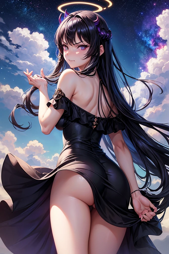 (masterpiece), best quality, expressive eyes, perfect face, (nsfw) not safe for work, 1girl, [highly detailed eyes], (highly detailed eyes), anime girl with long hair, goddess of the galaxy, nebula, dress, [upskirt], (upskirt}, godly stance, godly pose, head leaning on hand, hand on face, from below, seductive anime girl, [seductive face], mommy, milf, cleavage, ((floating)), no panties, anime best girl, an anime drawing inspired by Naka Bokunen, mature, solo, tall, normal body, dark theme, dark aesthetic, ((black hair with purple undertone)), stars on dress design, ((angry)), smirking, smirk, sexy, ((wind blowing dress up)). pussy, vagina, clit, assfangs, ((galaxy's goddess)), small black horns or black halo, nsfw, ((highly detailed vagina)), from behind, ass, lookin back,