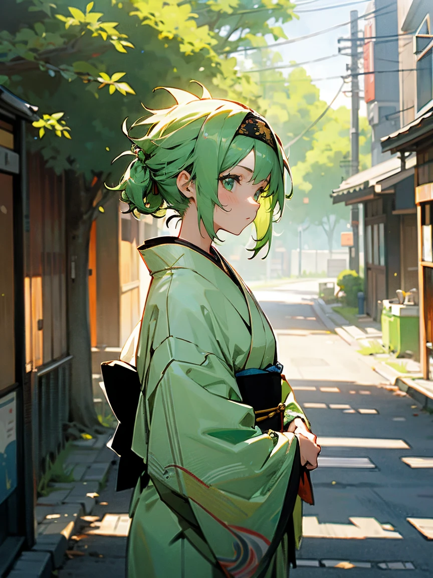 1female, light green hair, messy hair, headband, kimono, street, trees, day