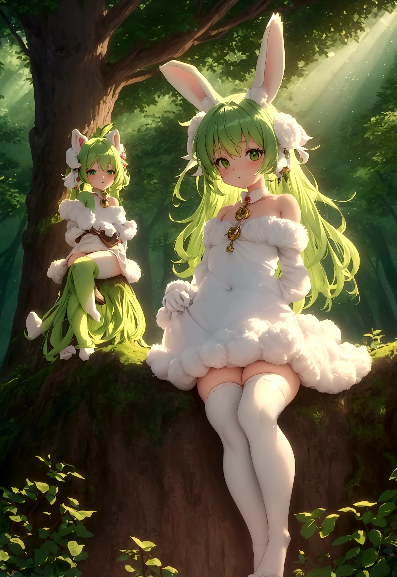 Highest quality, masterpiece, Ultra-high resolution, Fluffy fur overall, Bunny-like ears, tail, limbs are short , Detailed hands, Detailed feet, smile, Detailed fingers, Small children, Fairy, Anime Style, The hair tips are light green, Small enough to sit on an adult&#39;s shoulders, Sunlight filtering through the trees, Fantasy, in the forest, on the stump, Are standing, looking at the camera, Hairy, Small ears, Mascot character, animal