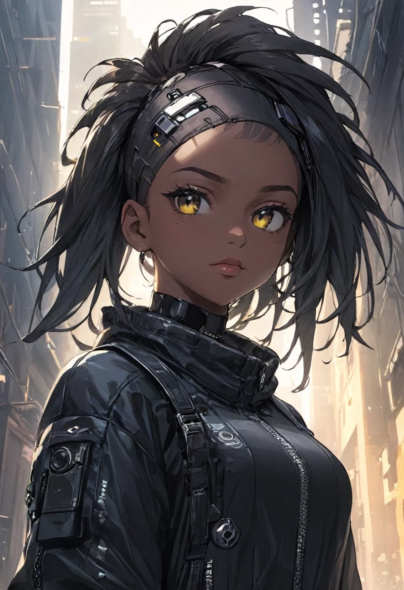 Turn your head and look up think , black cyberpunk costume, masterpiece , sunshine , morning , badass , best quality, expressive eyes, perfect face