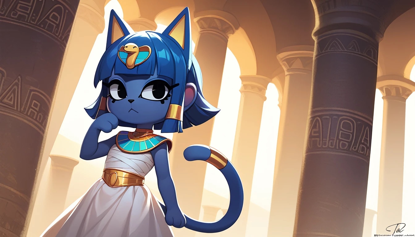 1girl，Artist Name，Egyptian cat，Blue Hair，skin，Keep your mouth shut，Wear，whole body，solo，Standing，猫Tail，Keep your mouth shut，Wear，Looking at the audience,Animal Crossing Furry, Blue Hair, Hair accessories, 黄skin, black eyes, White Dress, Tail, Egyptian Pyramids，mummy，Sunlight，sunny，(masterpiece), ((best quality), Detailed background, masterpiece, best quality, high quality, absurd, The award-winning, professional, Very detailed