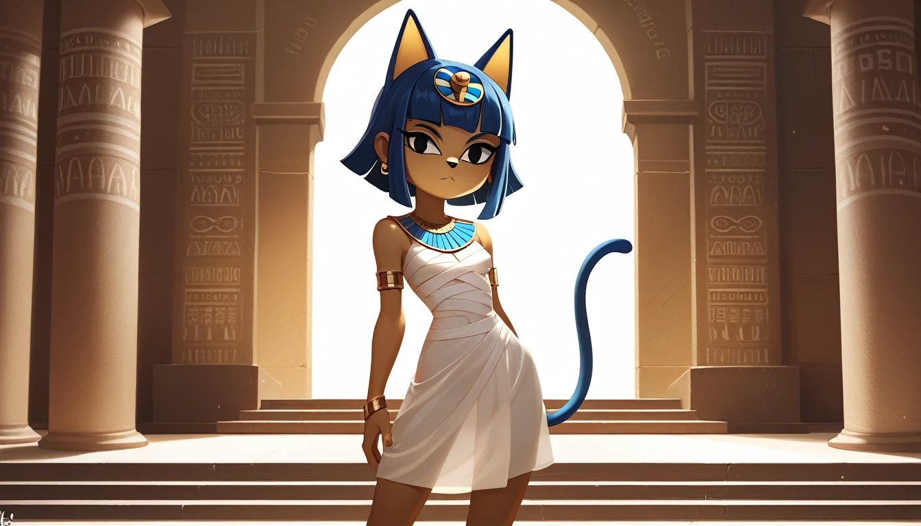 1girl，Artist Name，Egyptian cat，Blue Hair，skin，Keep your mouth shut，Wear，whole body，solo，Standing，猫Tail，Keep your mouth shut，Wear，Looking at the audience,Animal Crossing Furry, Blue Hair, Hair accessories, 黄skin, black eyes, White Dress, Tail, Egyptian Pyramids，mummy，Sunlight，sunny，(masterpiece), ((best quality), Detailed background, masterpiece, best quality, high quality, absurd, The award-winning, professional, Very detailed