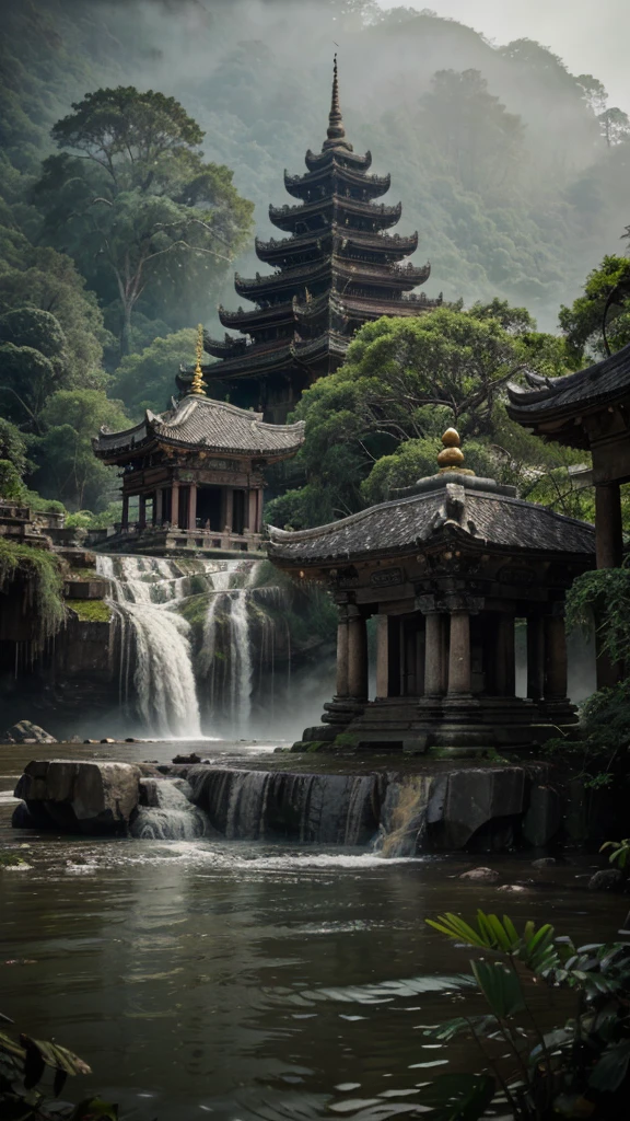 Create a scene of an ancient temple complex situated deep within a dense, foggy forest. The temple buildings are traditional with sloping roofs and intricate designs. The area is experiencing heavy flooding, with turbulent waters flowing through and around the temple structures. Tall palm trees and thick vegetation surround the temples. The atmosphere is mysterious and dramatic, with a misty ambiance and dark green tones dominating the scene. Ensure the image captures the intensity of the flood and the serene yet foreboding environment of the ancient forest temple