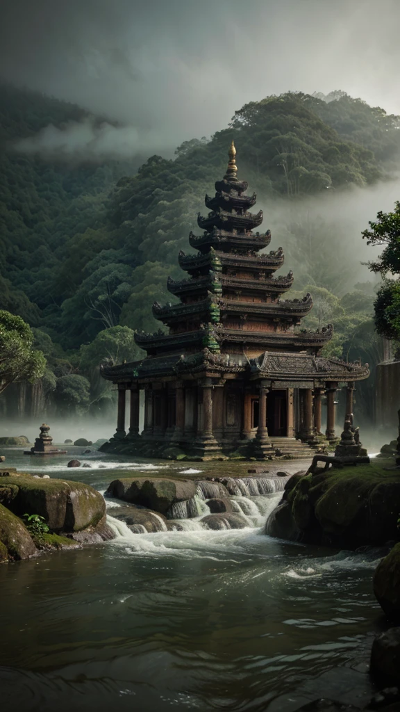 Create a scene of an ancient temple complex situated deep within a dense, foggy forest. The temple buildings are traditional with sloping roofs and intricate designs. The area is experiencing heavy flooding, with turbulent waters flowing through and around the temple structures. Tall palm trees and thick vegetation surround the temples. The atmosphere is mysterious and dramatic, with a misty ambiance and dark green tones dominating the scene. Ensure the image captures the intensity of the flood and the serene yet foreboding environment of the ancient forest temple