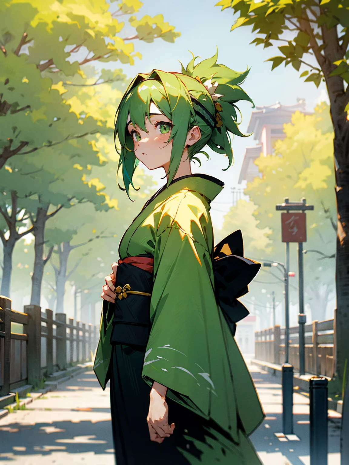 1female, light green hair, messy hair, headband, kimono, street, trees, day
