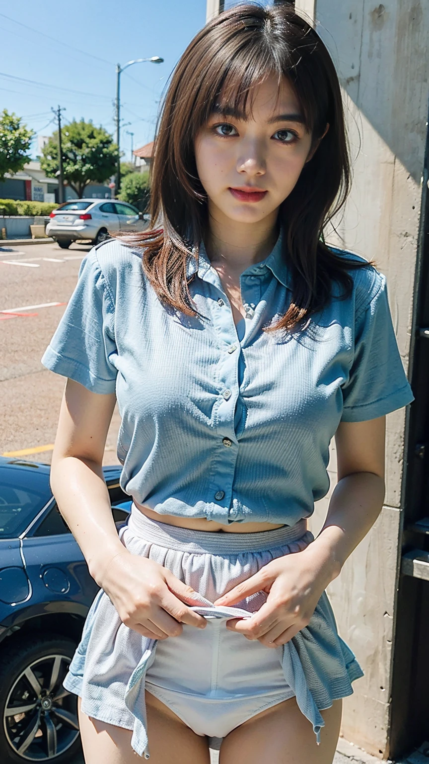 nsfw, (8K、RAW Photos、Highest quality、masterpiece:1.2)、(Realistic、Realistic)、1 Girl、((Collared shirt、skirt、Medium Hair、Emphasize the chest、whole body、View from the front、Looking into the camera))、skirtを捲る、Shooting from below、Panty Focus、White panties