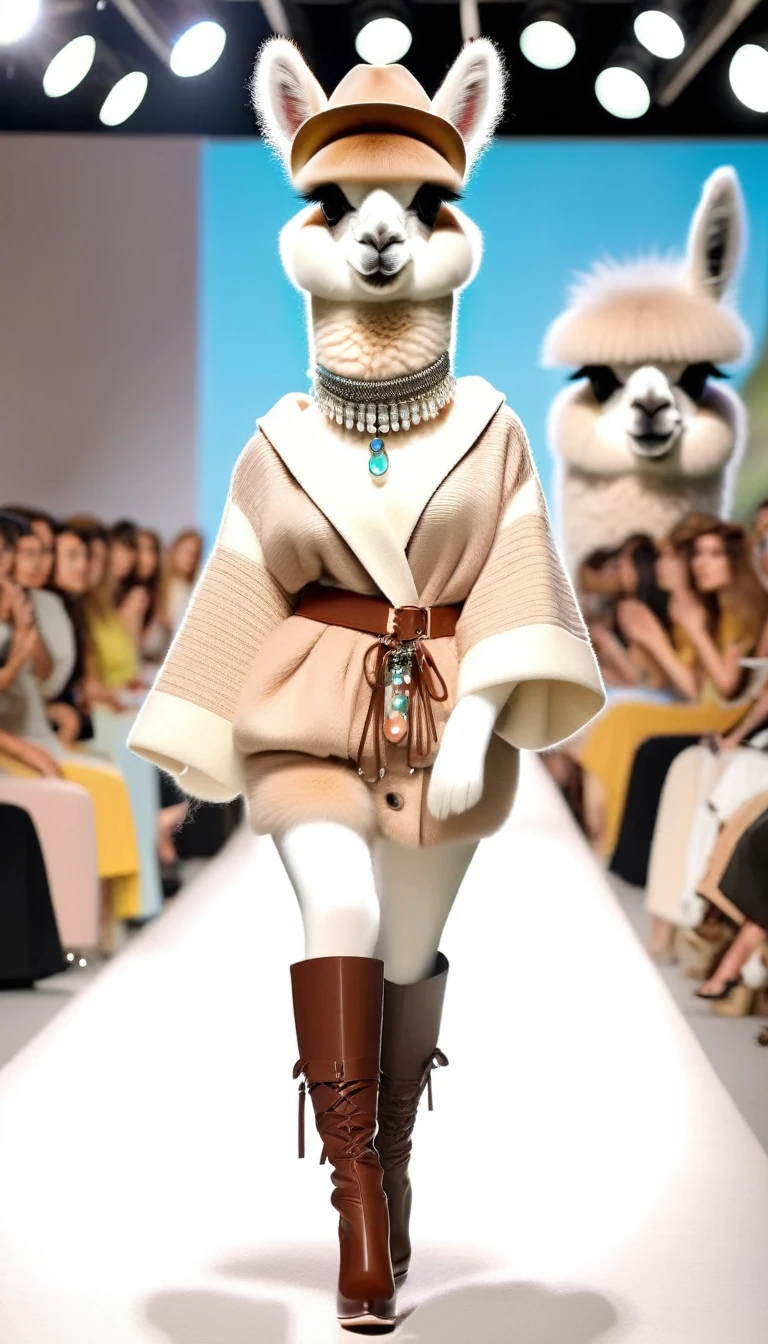 （Cute alpaca fashion show）,Alpaca is anthropomorphized with makeup，(whole body image)，Fashion trends for summer 2024，Khaki，milky，Charming Alpaca，Enchanting Alpaca, standing on a catwalk,(hands on hips:1.5)，Cool，[Cute big eyes]，necklace，hat，Fashion，Cartoon，in style of Cosplay fashion design , portrait，background：Fashion show catwalks