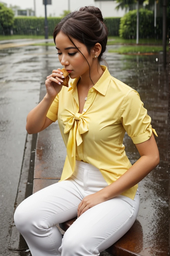 A woman wears a yellow shirt and white pants and ties her hair in two bows, sitting in the rain eating grilled pork.