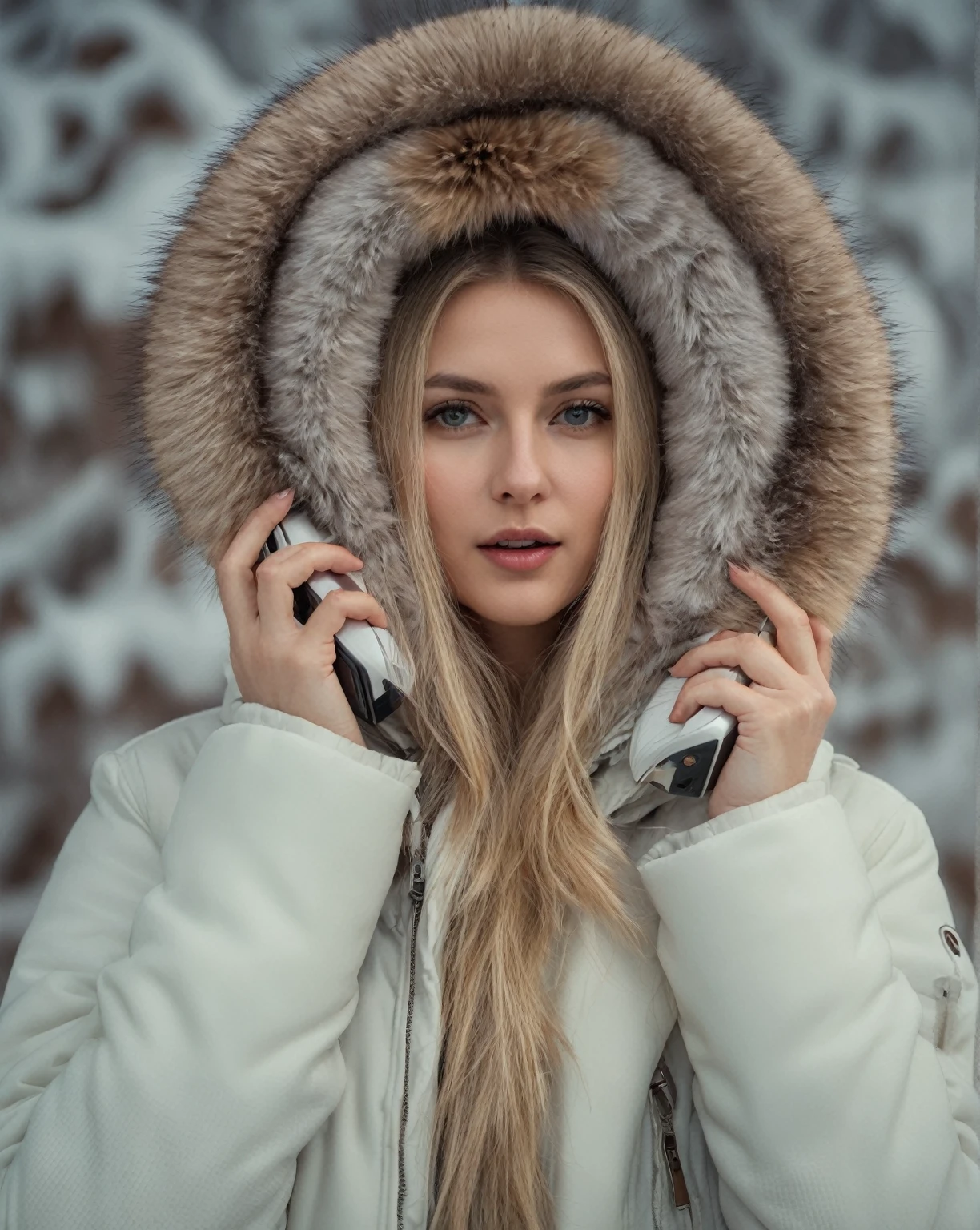 Arafed woman in a fur-lined jacket talking on a cell phone, fur hood, Beautiful nordic woman, action shot girl in parka, karol behind uhd, backlit shot girl in parka, White skin, nordic girl portrait, blonde fur, Anna Nikonova aka Newmilky, blonde furr, wearing a luxury fur coat