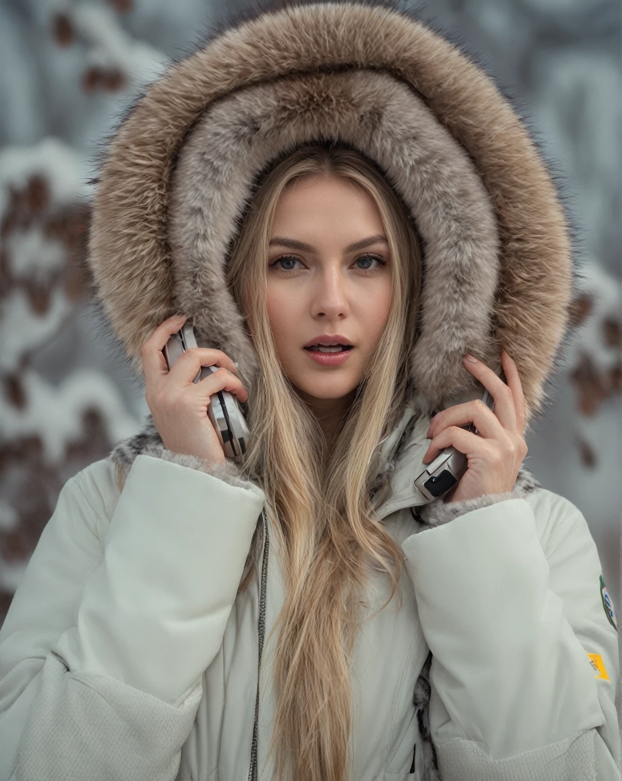 Arafed woman in a fur-lined jacket talking on a cell phone, fur hood, Beautiful nordic woman, action shot girl in parka, karol behind uhd, backlit shot girl in parka, White skin, nordic girl portrait, blonde fur, Anna Nikonova aka Newmilky, blonde furr, wearing a luxury fur coat