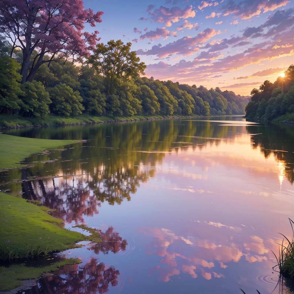 a beautiful purple sunset sky, a calm river, reflection of the sky in the water, lush green trees and foliage along the riverbank, a serene and peaceful landscape, highly detailed, 8k, photorealistic, cinematic lighting, vibrant colors, dramatic clouds, golden hour
