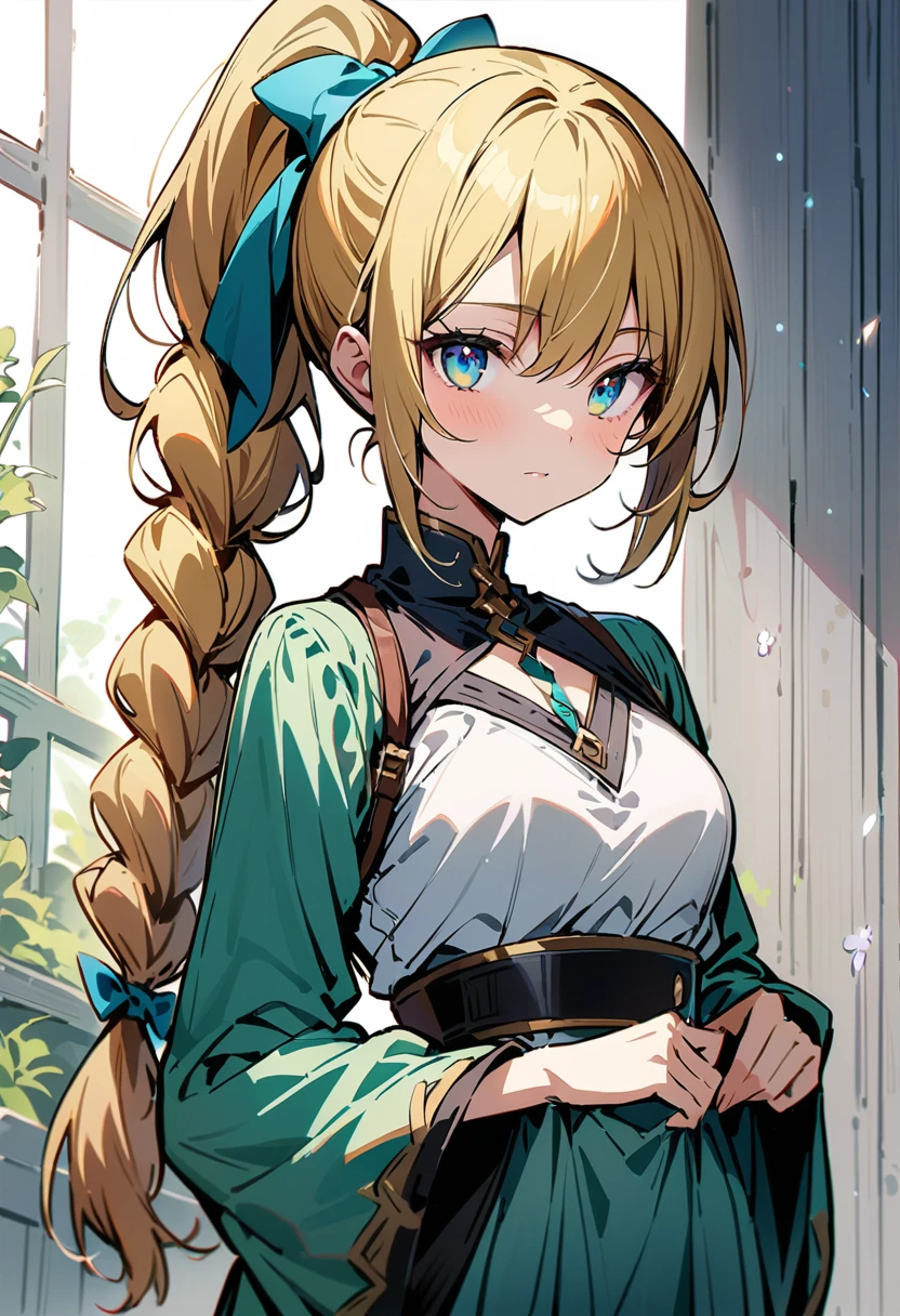 (masterpiece), ((best quality)), (Very detailed), (Beautiful eyes Beautiful details eyes, Clean and delicate face), (whole body, Variza), Single Braid Blonde Ponytail, #5: Parted Bangs, forehead, blue eyes, Smile, Wearing a sweater and plaid pleated skirt, Pantyhose, thigh, High heel, Simple color background
