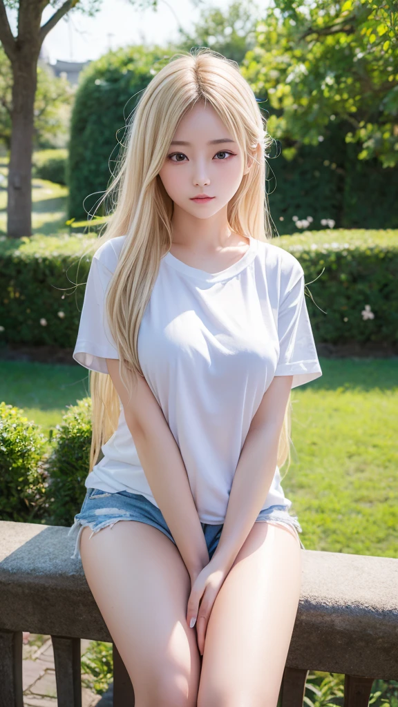 Highest quality、Highest quality、High resolution、8K、masterpiece、Young Japanese Woman、One Woman、Blonde、Blonde、Long Hair、Slightly larger breasts、Blurred Background、Sexy Looks、Big eyes、garden、date、bevel、Shorts、Daytime、sunlight、T-Shirts、Sexy pose