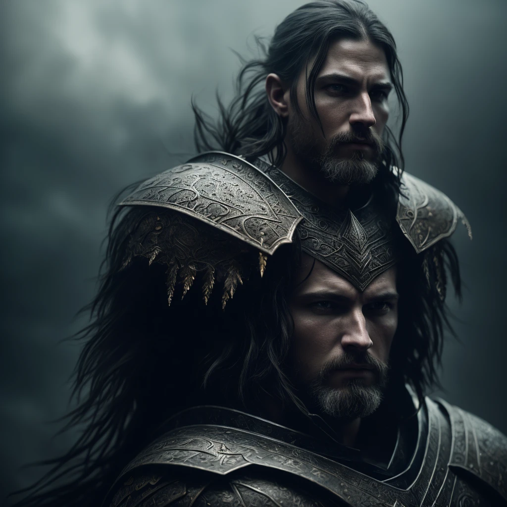 close-up, fierce male berserker, scars, dirty dark costume, leather belt, leather armor, (black long Hair:1.1), braid hair, braid trimmed beard, (piercing:1.2), grim and gritty atmosphere, (insanely detailed:1.5), ((solo)), (highest quality, Alessandro Casagrande, Greg Rutkowski, Sally Mann, concept art, 4k), (colourful), (high sharpness), ((painting:1.1)), (digital painting:1.1), Masterpiece, best quality, highly detailed photo:1, 8k, detailed face, photorealistic, , (young man), By jeremy mann, by sandra chevrier, by maciej kuciara, smoke and shadow, fog, night, sharp, ((athletic body)), realistic, real shadow, 3d, ((upper body)), ((dark and gloomy universe)), (by Michelangelo), <lora:LowRA:0.3>