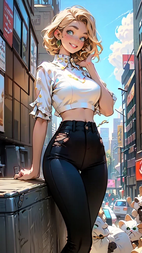 1 ,  short hair,  ponytail on the sides of the head ,  white hair ,  big butt ,  Thick thighs,  wide hips ,  green eyes ,  black pantyhose , white skirt with yellow edges , red earrings,  pointy ears,  white overcoat with yellow details on the edges,  black and white striped shirt