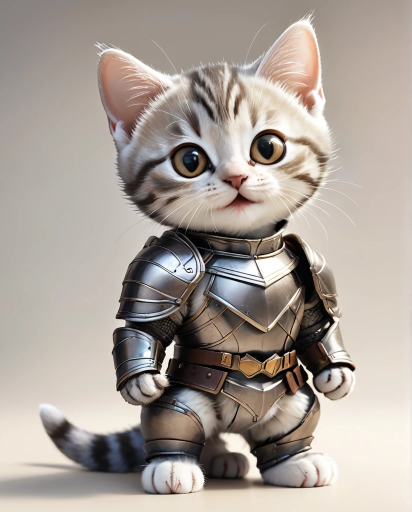 High-detail images American Shorthair Kitten Wearing armor Laughing Full Body Shot It's facing straight here.