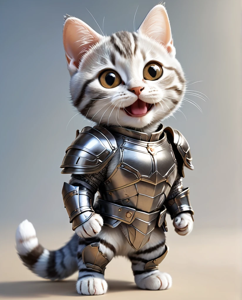 High-detail images　American Shorthair Kitten　Wearing armor　Laughing　Full Body Shot　It&#39;s facing straight here.