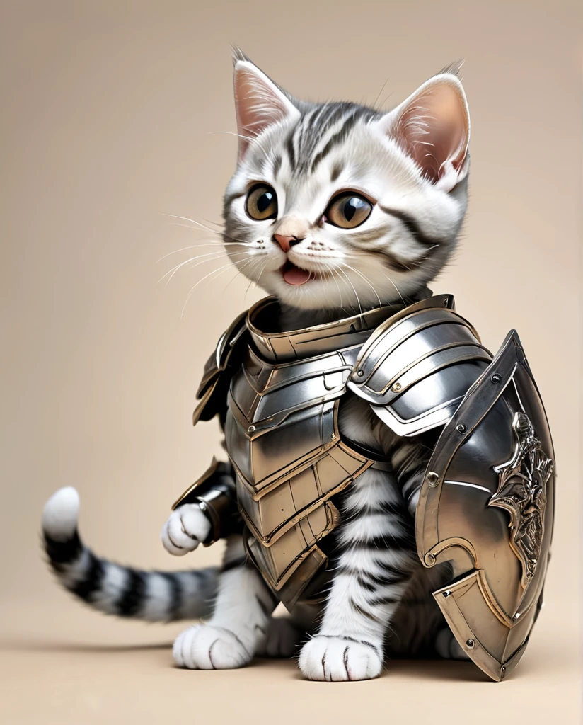 High-detail images　American Shorthair Kitten　Wearing armor　Laughing　Full Body Shot　It&#39;s facing straight here.