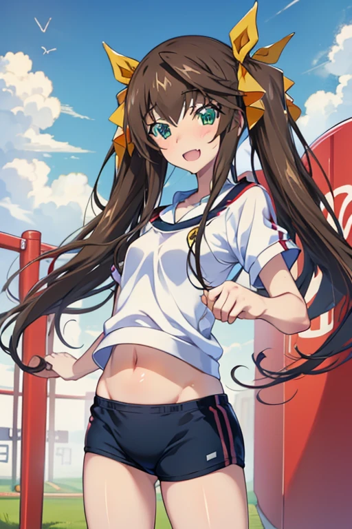 hair between eyes, Long Hair, Twin tails, Hair Ribbon, happy smile, smile, Open your mouth,hair ornaments, 星 hair ornaments,(running), (whole body), Small breasts, Lower, (Sweaty), Sweaty Wet Clothes,()Red clothes), , Belly button support, playground, (Jump), (Jump), 足を曲げてJumpする, air, blue sky, Grass原, smileの, Grass, break outdoors, Ground, break looking at viewer, (Cowboy Shot:1.5), break (masterpiece:1.2), Highest quality, High resolution, unity 8k wallpaper, (shape:0.8), (Fine and beautiful eyes:1.6), Highly detailed face, Perfect lighting, Highly detailed CG, (Perfect hands, Perfect Anatomy),