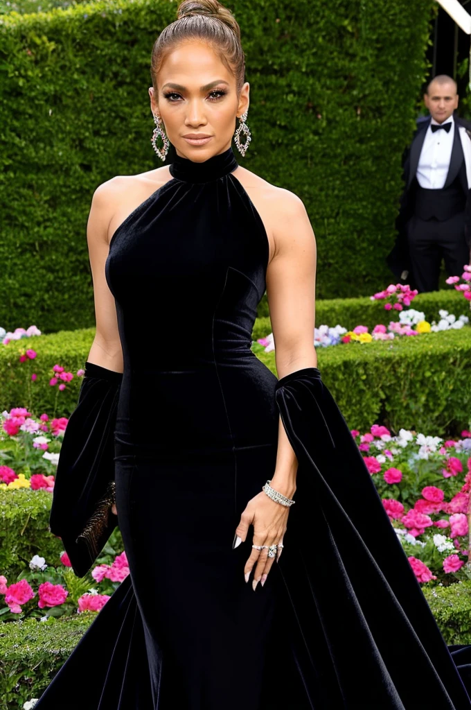 Jennifer Lopez wears beautiful makeup, a beautiful smile and a black velvet dress, standing in a flower garden, looking at the camera